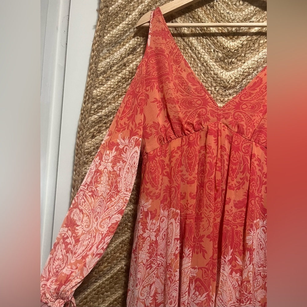 Free People Women's Penny Lover Cold Shoulder Orange Paisley Dress,Size M - Picture 3 of 14